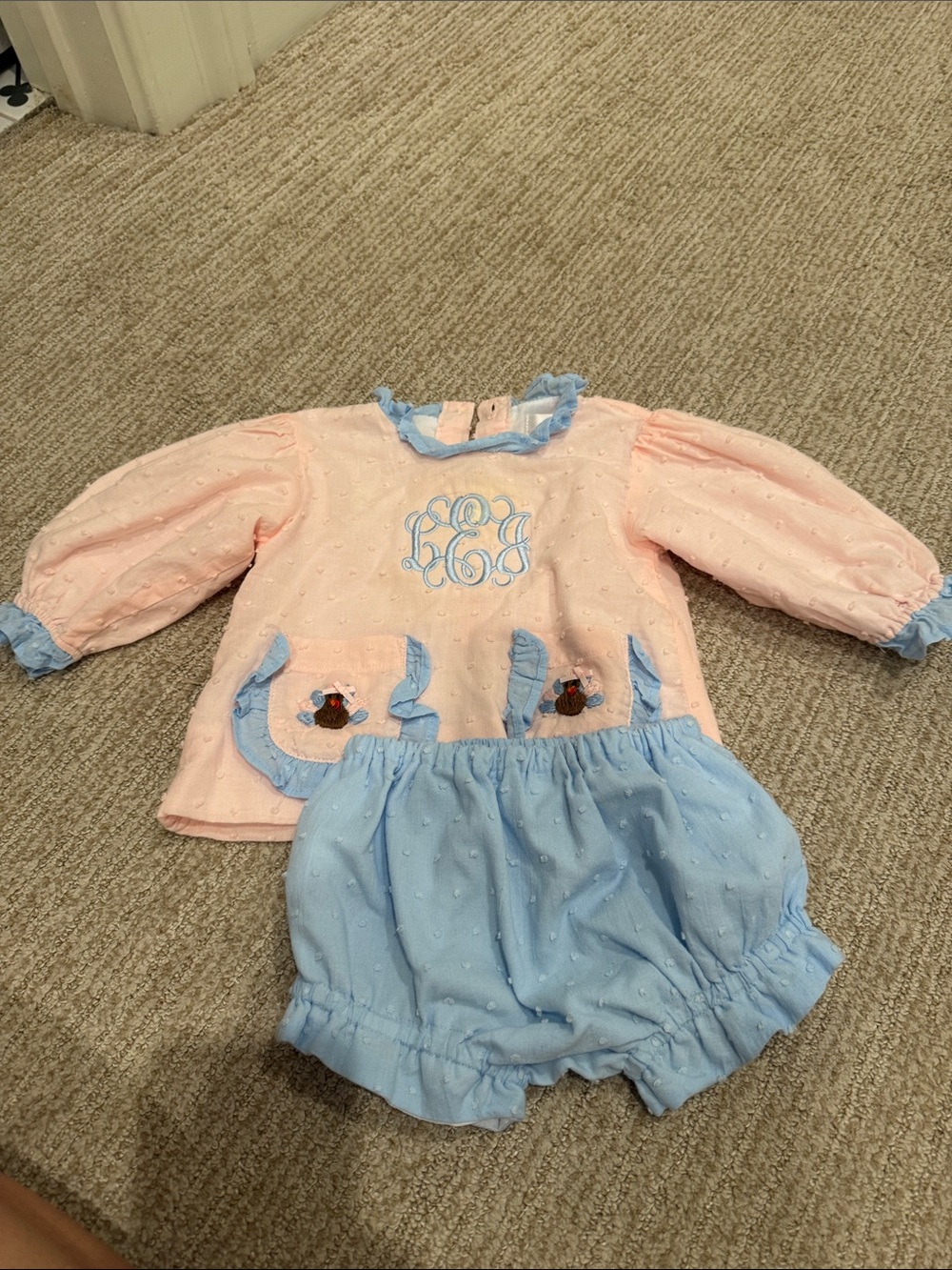 “LEJ” cecil and Lou Thanksgiving  Dot Monogram Top with Blue Ruffle Bloomers
